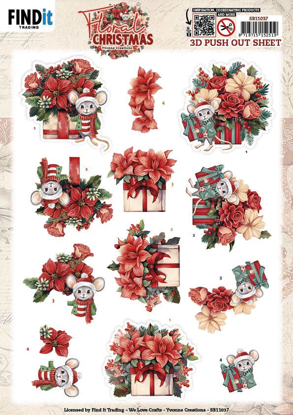 3D Pushout Sheet - Yvonne Ceations - Floral Christmas- Floral Presents