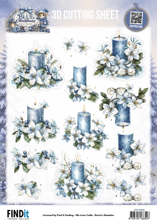 3D Cutting Sheet - Berries Beauties - Blue Christmas - Blue Candles and White Poinsettia