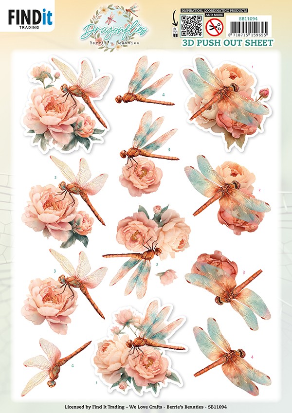 3D Pushout Sheet - Berries Beauties - Dragonflies - Blush