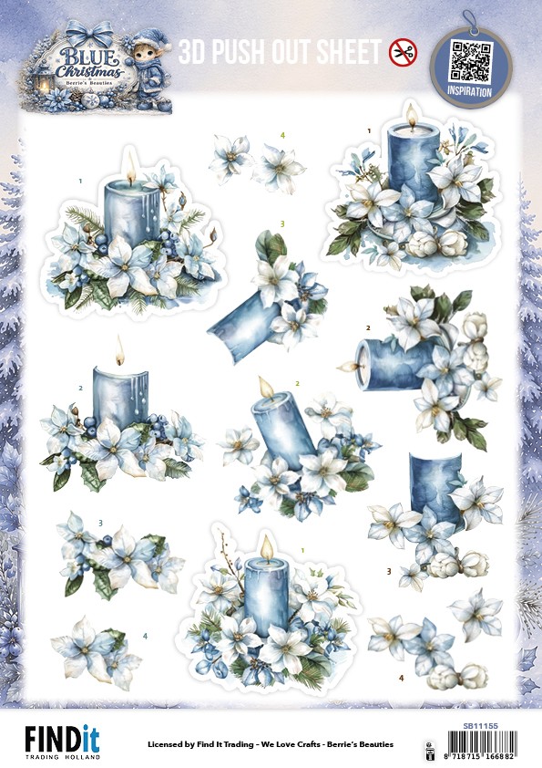 3D Pushout Sheet - Berries Beauties - Blue Christmas - Blue Candles and White Poinsettia