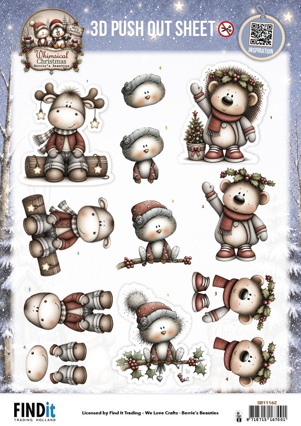 3D Pushout Sheet - Berries Beauties - Whimsical Christmas - Furry Friends